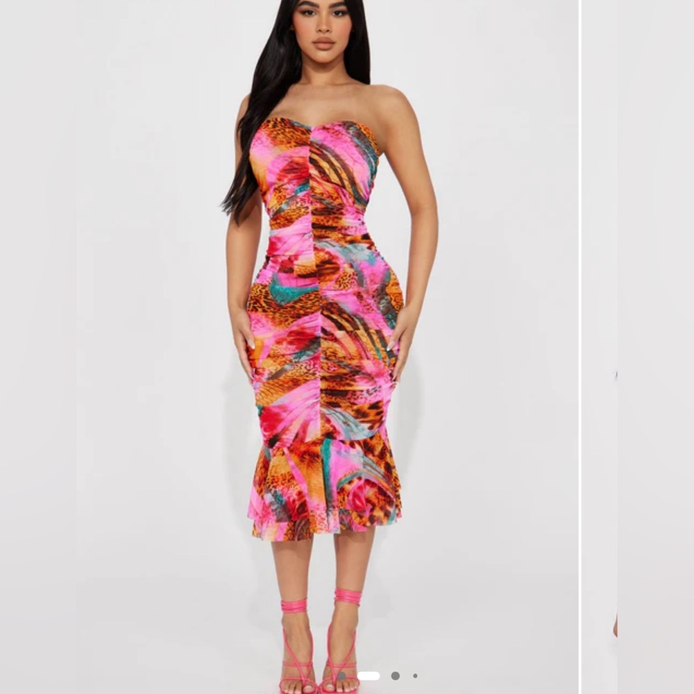 Fashion Nova Strapless Dress in Pink, Orange, and Blue